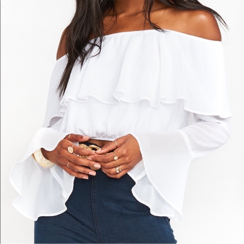 NWT Show Me Your Mumu Love Spell White Ruffle Off Shoulder Crop Top Boho Small - Picture 1 of 7